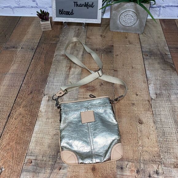 Coach Gold Metallic Crossbody Purse Handbag 7 1/2" x 8 1/2" - Picture 1 of 12